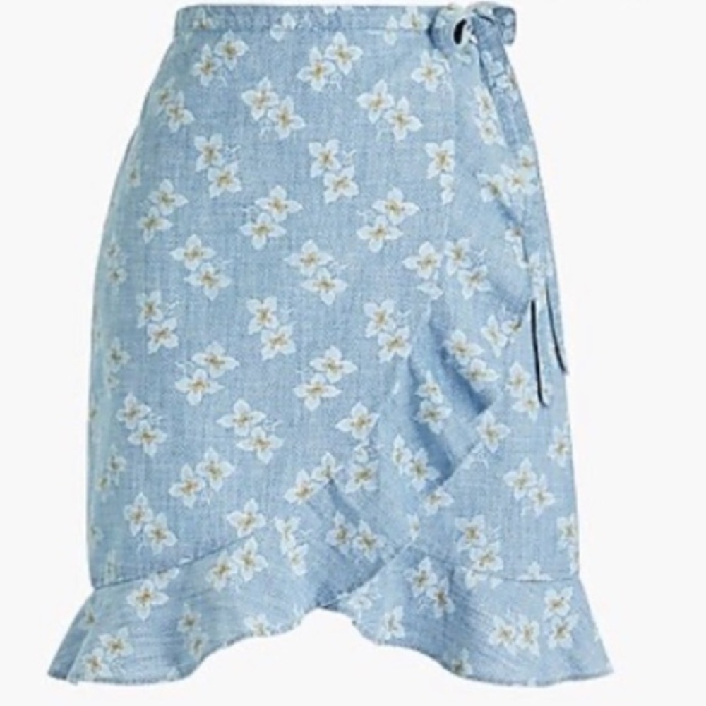 J.Crew Mercantile Printed Chambray Faux-Wrap Mini Skirt – Fractal Flowers